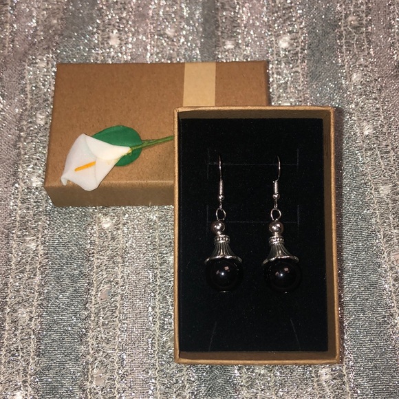 Black Onyx Stone Pendant Fishook Earrings - Picture 2 of 6